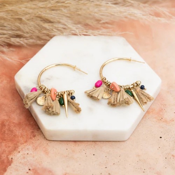 Jewelry - Coastal Chic Raffia and Bead Semi Hoop Earrings